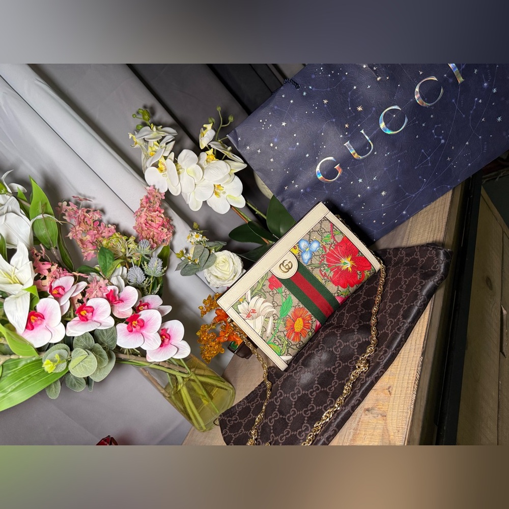 Gucci Beige Floral Crossbody Bag with Gold Chain or As Clutch.